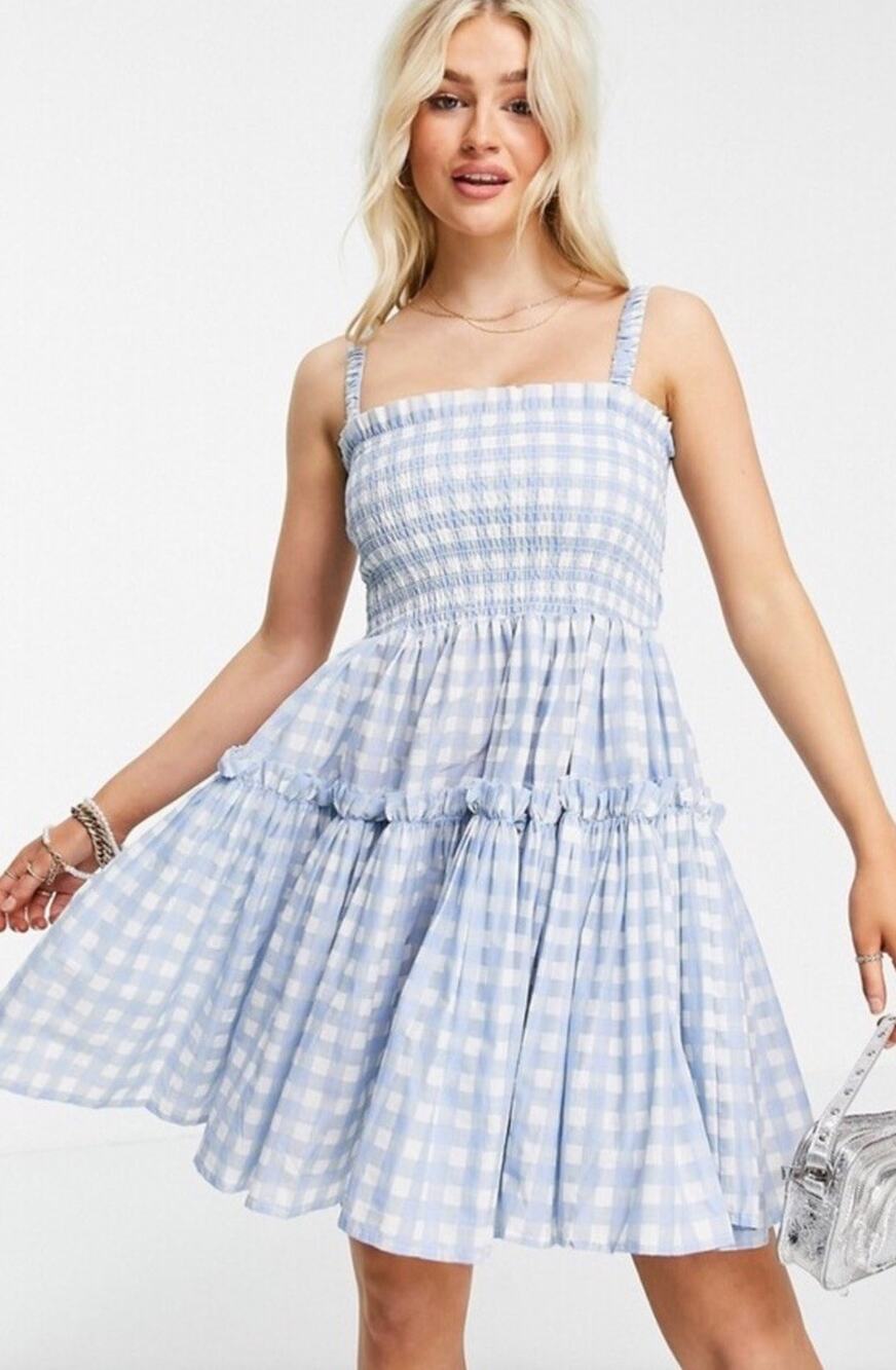 ASOS Design Cami Mini Dress Size 2 Gingham Blue/White Ruffle Hem Stretchy Top